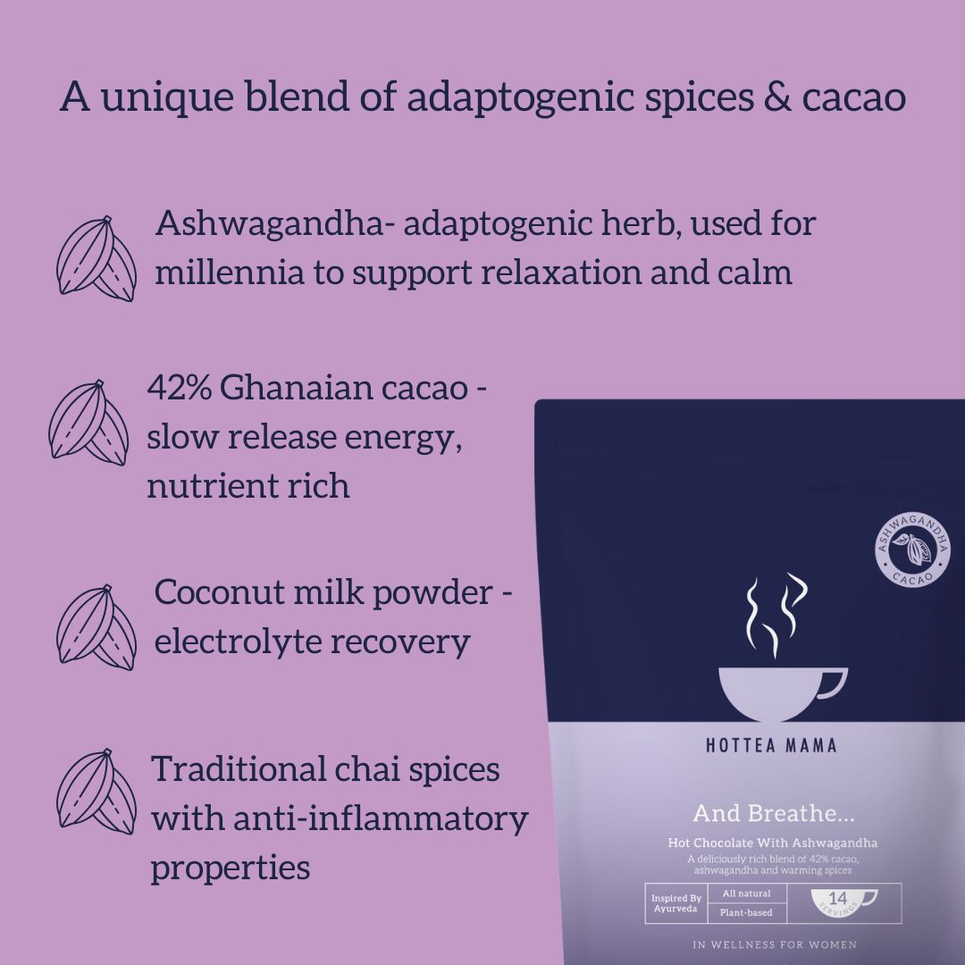 Infographic with bullet points listing the benefits of And Breathe...Ashwagandha Hot Chocolate - supports relaxation and calm, nutrient rich, electrolyte recovery, spices with anti-inflammatory properties.