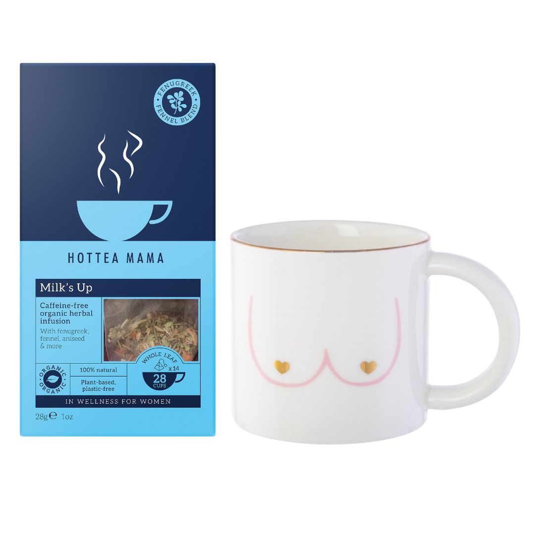 Pack of HotTea Mama Milks Up Breastfeeding Tea on a white background next to a white porcelain cup with outline boobs on it for breastfeeding mums