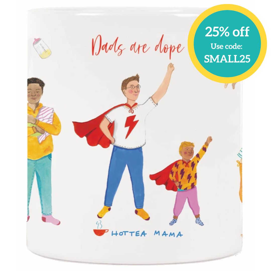 HotTea Mama dads are dope mug, showing illustrated dads on porcelain cup on white background with black friday sale roundel showing 25% off