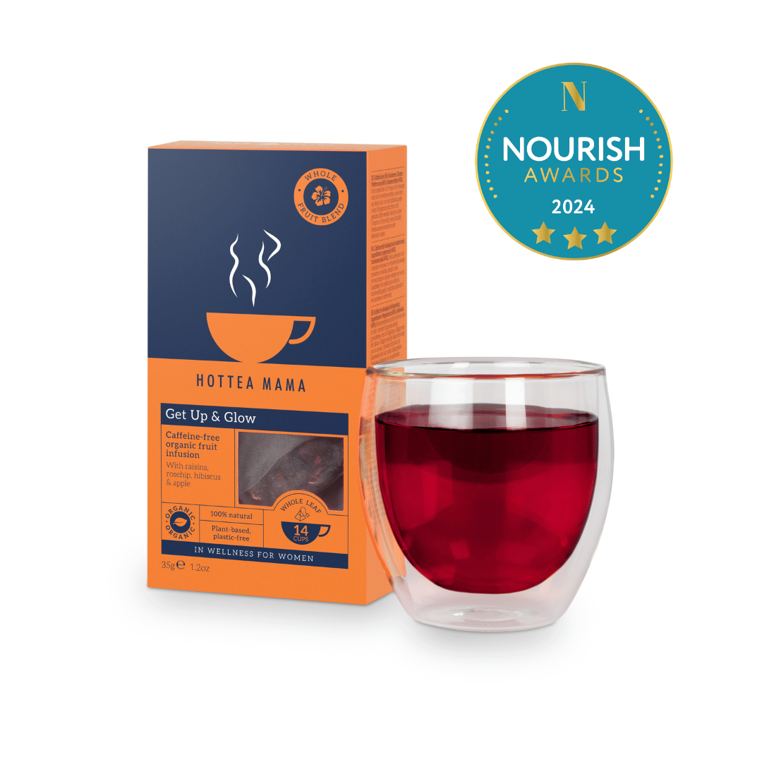 HotTea Mama Get Up & Glow uplifting fruit tea pack with glass tea cup with brewed pregnancy tea inside with Nourish Award 3 star winner logo