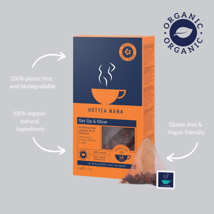 Infographic showing Get Up & Glow caffeine free fruit tea pack with organic logo and text showing it's plastic free, natural, gluten free and vegan friendly credentials