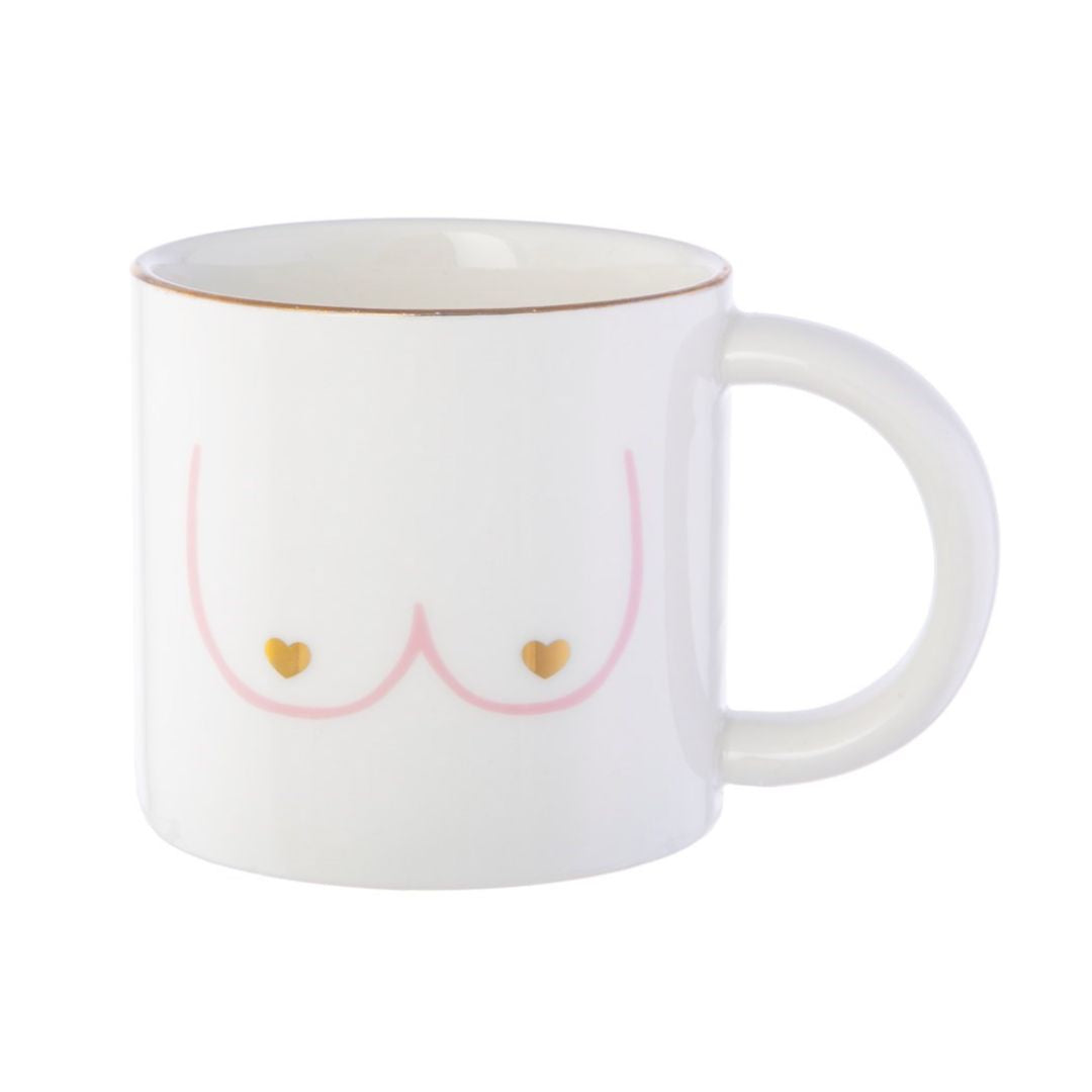 HotTea Mama white porcelain boobies mug with pink boob outline and gold hearts on white background