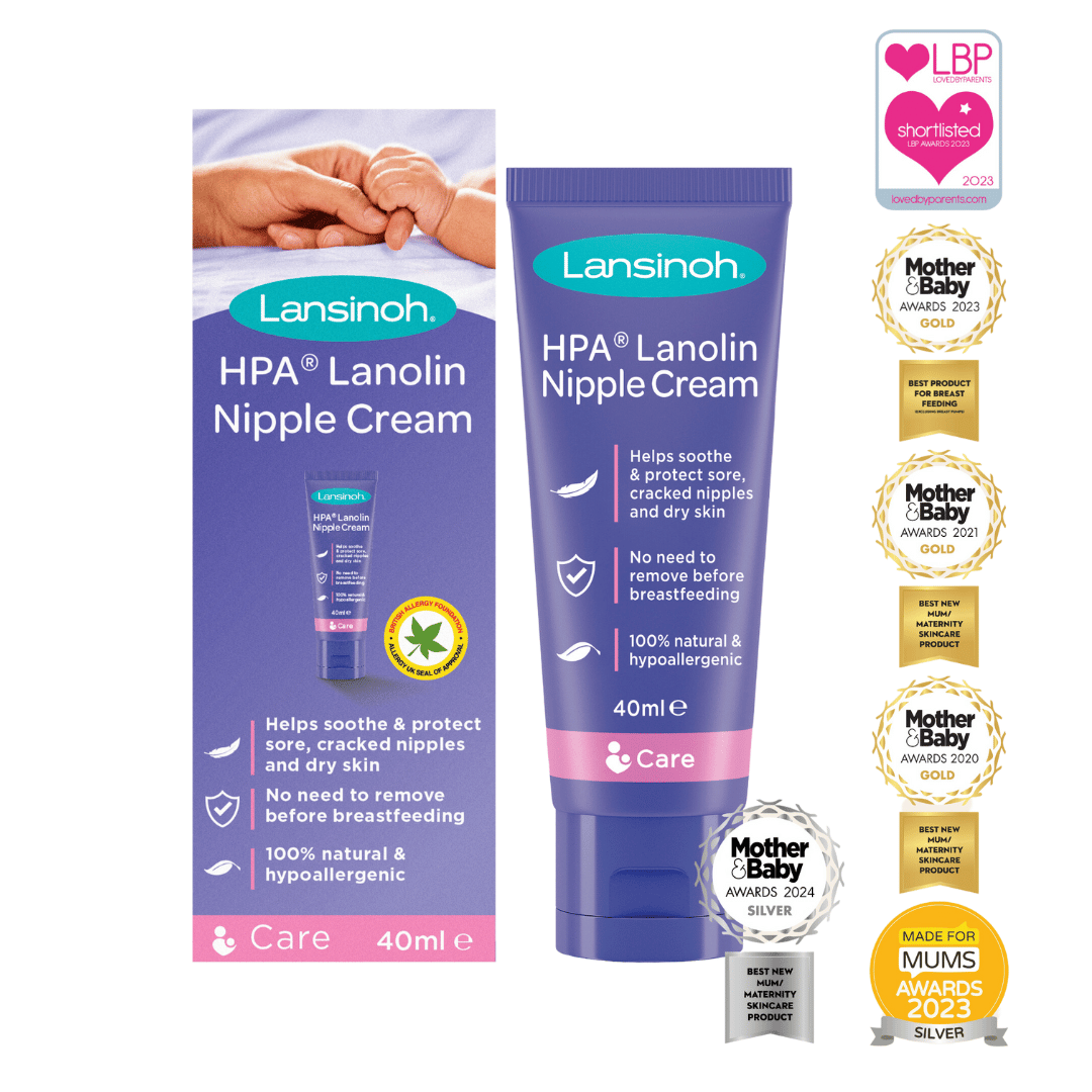 Lansinoh lanolin nipple cream tube with award logos on white background showing benefits for breastfeeding mums