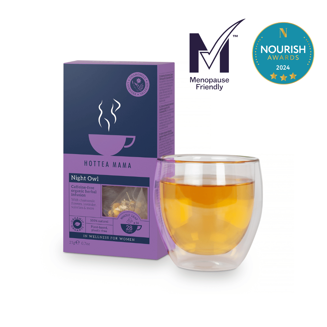 Pack of HotTea Mama Night Owl sleepy tea on white background with brewed up of chamomile tea in glass tea cup, menopause friendly logo and Nourish Award winner logo